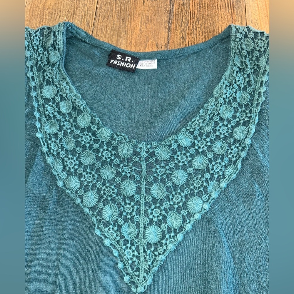 SR Fashion Teal Lace Trim Tunic Dress Asymmetrical Swim Coverup Boho - Picture 5 of 10